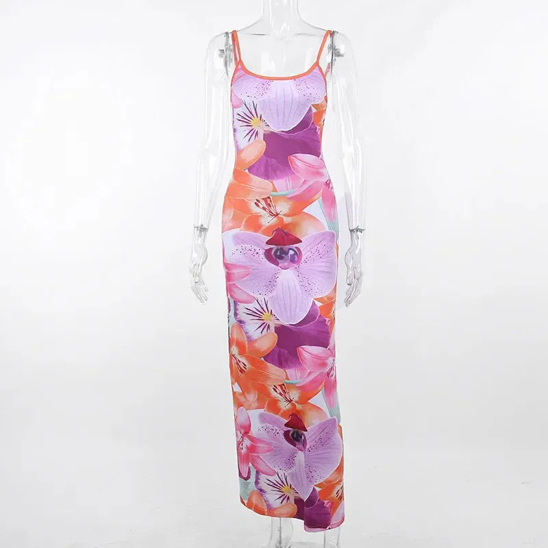 Tie-dye Print Suspender Backless Sling Slim Bodycon Floral Dress for Beach Holiday