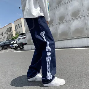 Wiaofellas  -  Jeans Men Skeleton Baggy Casual Jean Pants Mens Japan Style Streetwear Wide Leg Denim Trousers Male Vintage Blue Denim Pants