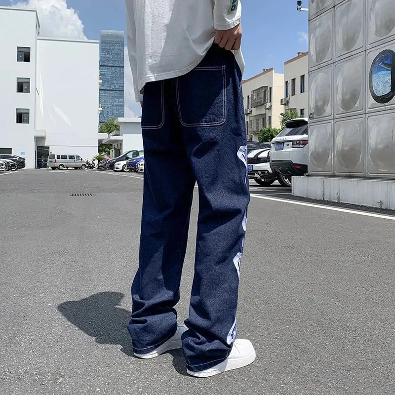 Wiaofellas  -  Jeans Men Skeleton Baggy Casual Jean Pants Mens Japan Style Streetwear Wide Leg Denim Trousers Male Vintage Blue Denim Pants