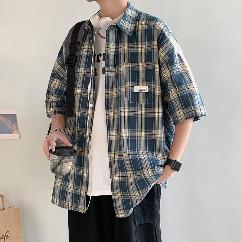 Wiaofellas  -  Korean Y2k Streetwear Plaid Shirt Men Shirts  New Summer Fashion Chemise Homme Mens Checkered Shirts Short Sleeve Men Blouse