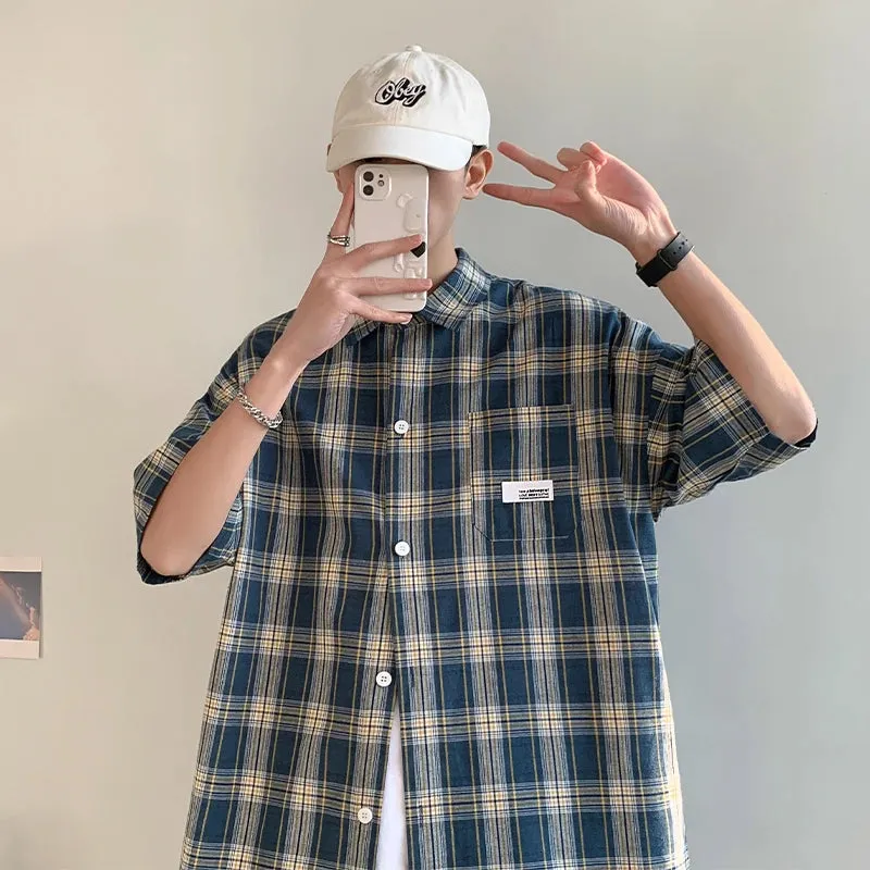 Wiaofellas  -  Korean Y2k Streetwear Plaid Shirt Men Shirts  New Summer Fashion Chemise Homme Mens Checkered Shirts Short Sleeve Men Blouse