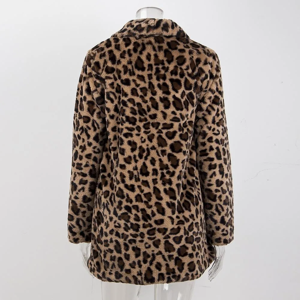 Winter Warm Plush Teddy Coat Long Leopard Print Faux Fur Jacket