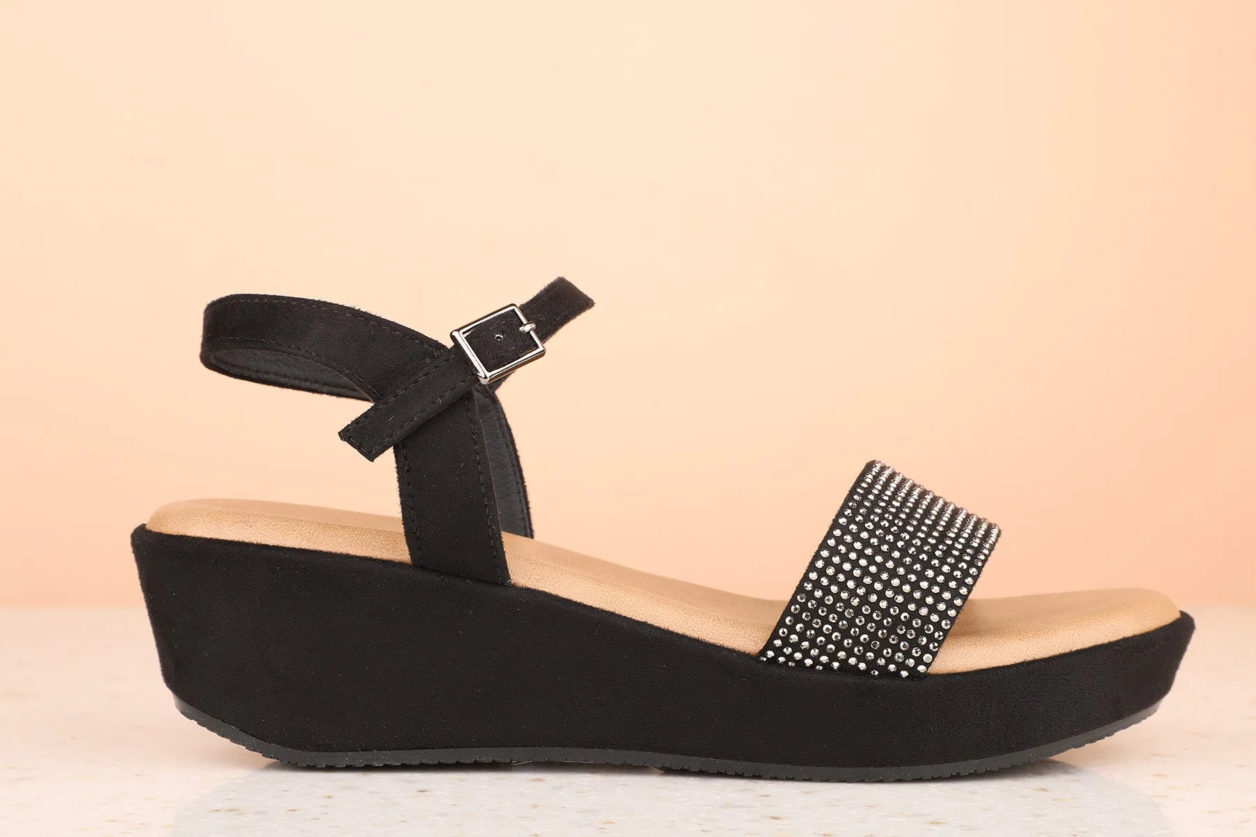 Women Black Embellished Wedges