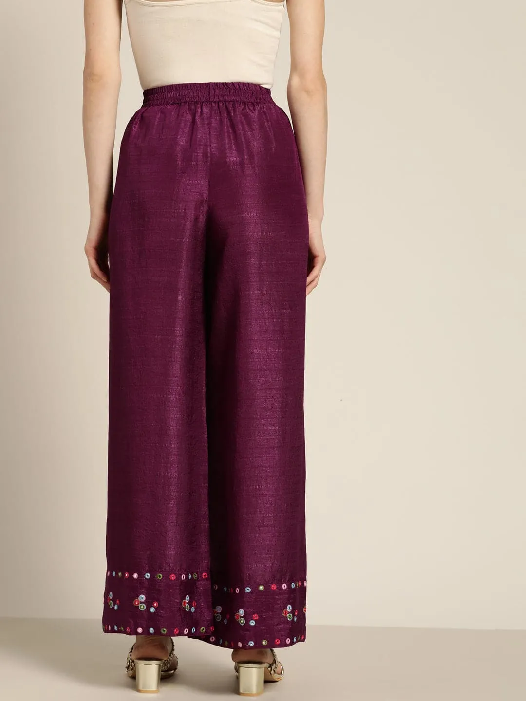 Women Burgundy Mirror Embroidered Palazzo Pants