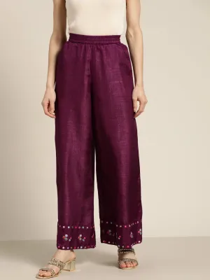 Women Burgundy Mirror Embroidered Palazzo Pants