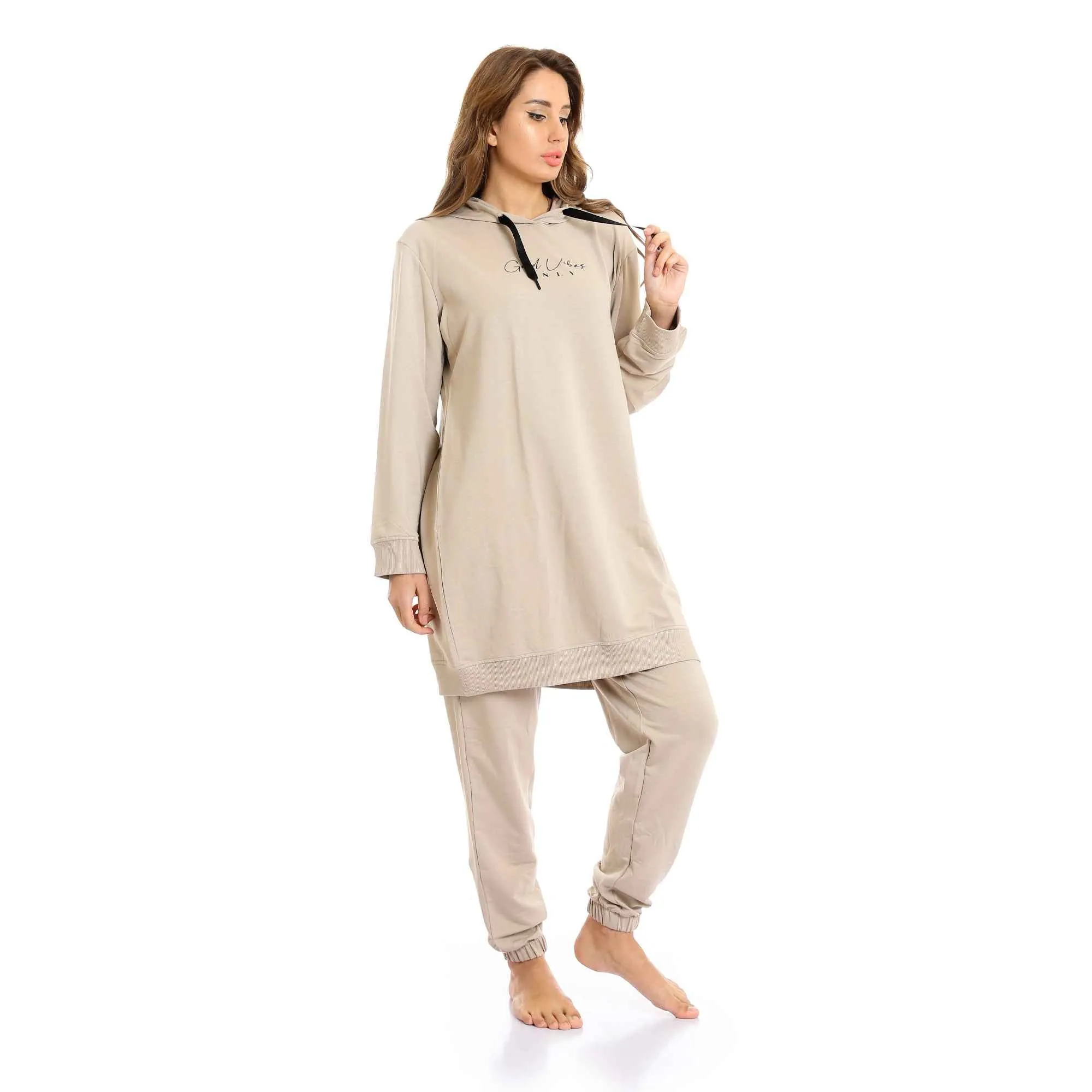 Women Long Hoodie With Hem & Solid Pants Pajama Set - Latte