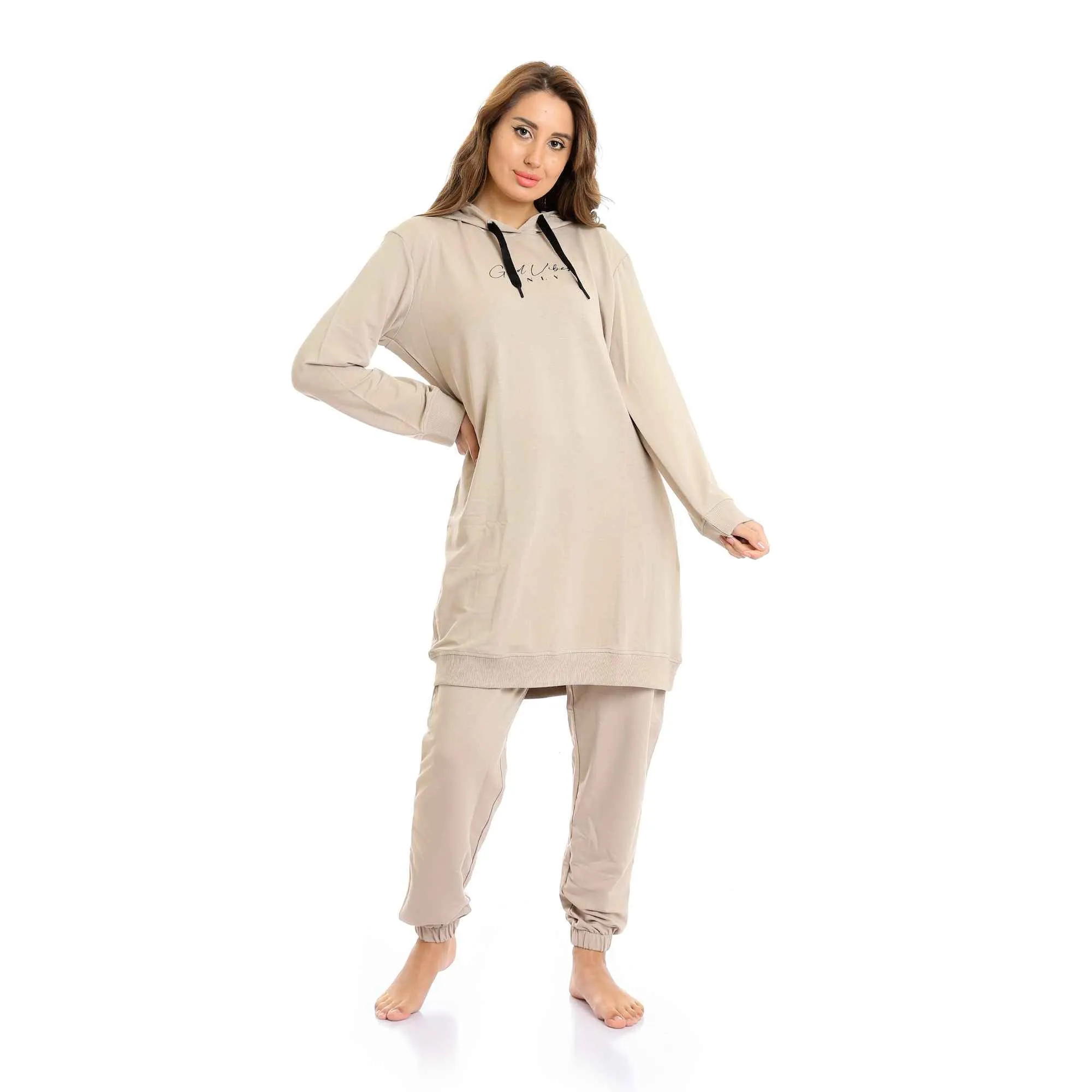 Women Long Hoodie With Hem & Solid Pants Pajama Set - Latte