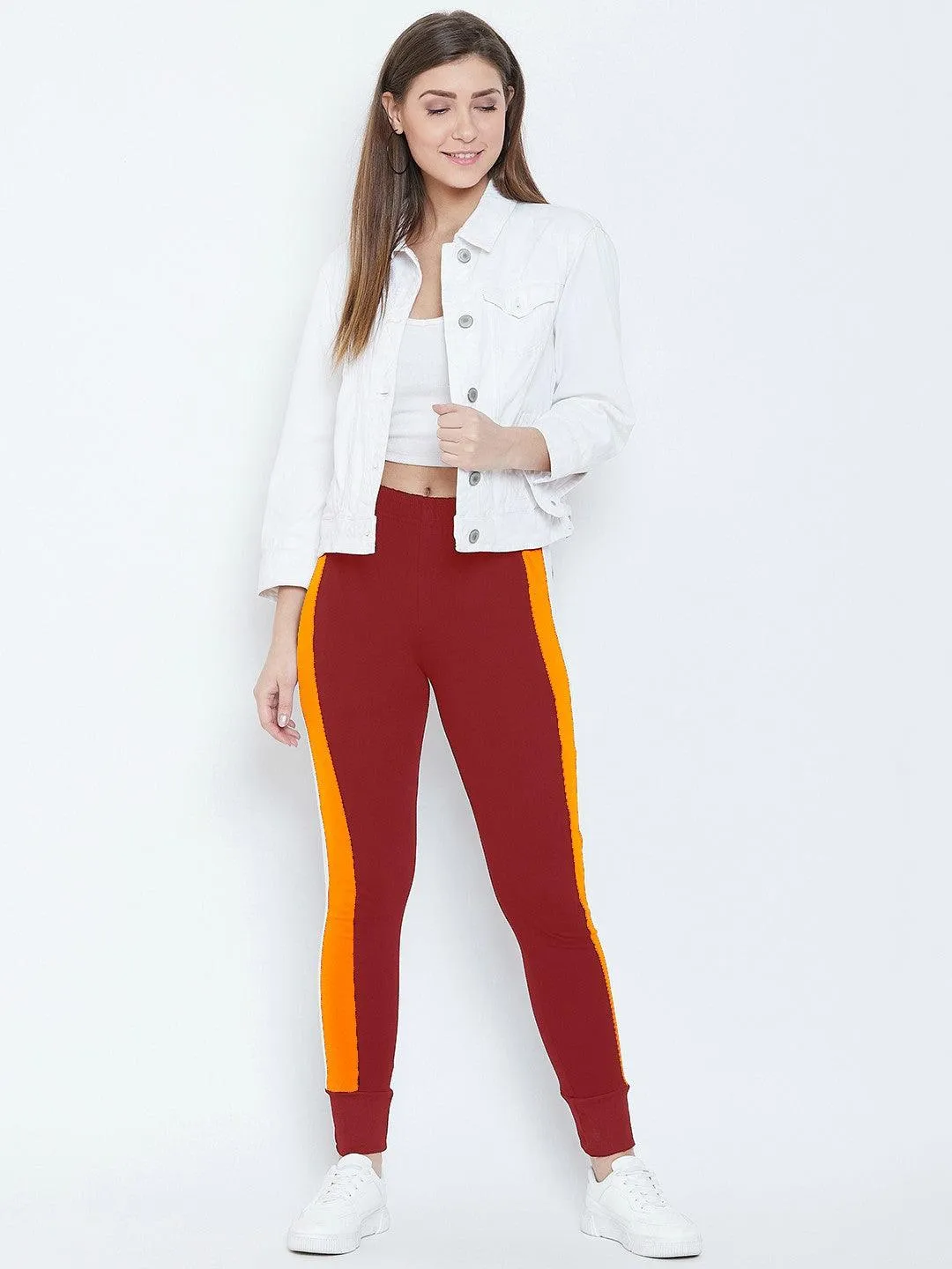 Women Maroon/Yellow Color Block Joggers