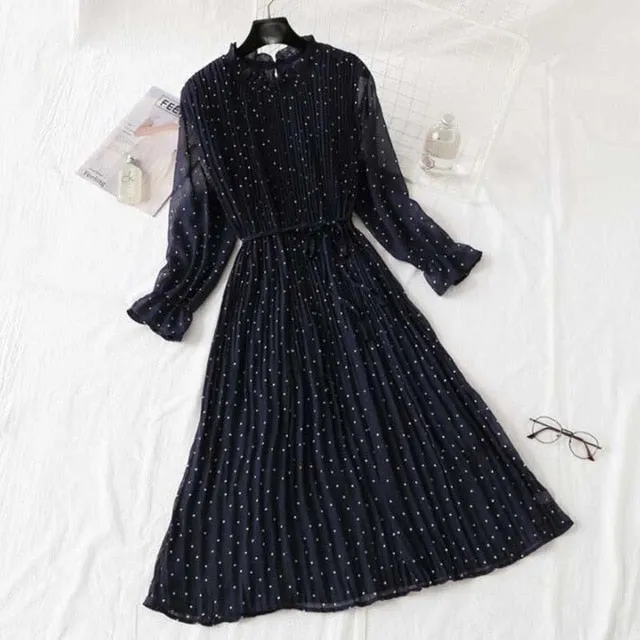 Women Print Pleated Chiffon Dress 2019 Spring Summer New Hot Fashion