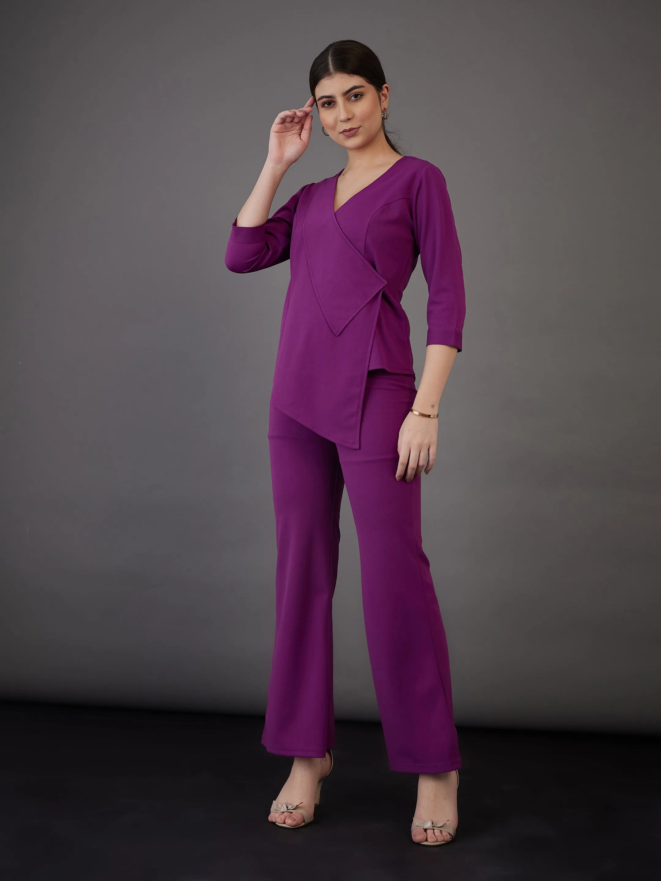 Women Purple Wrap Asymmetric Top With Bell Bottom Pants