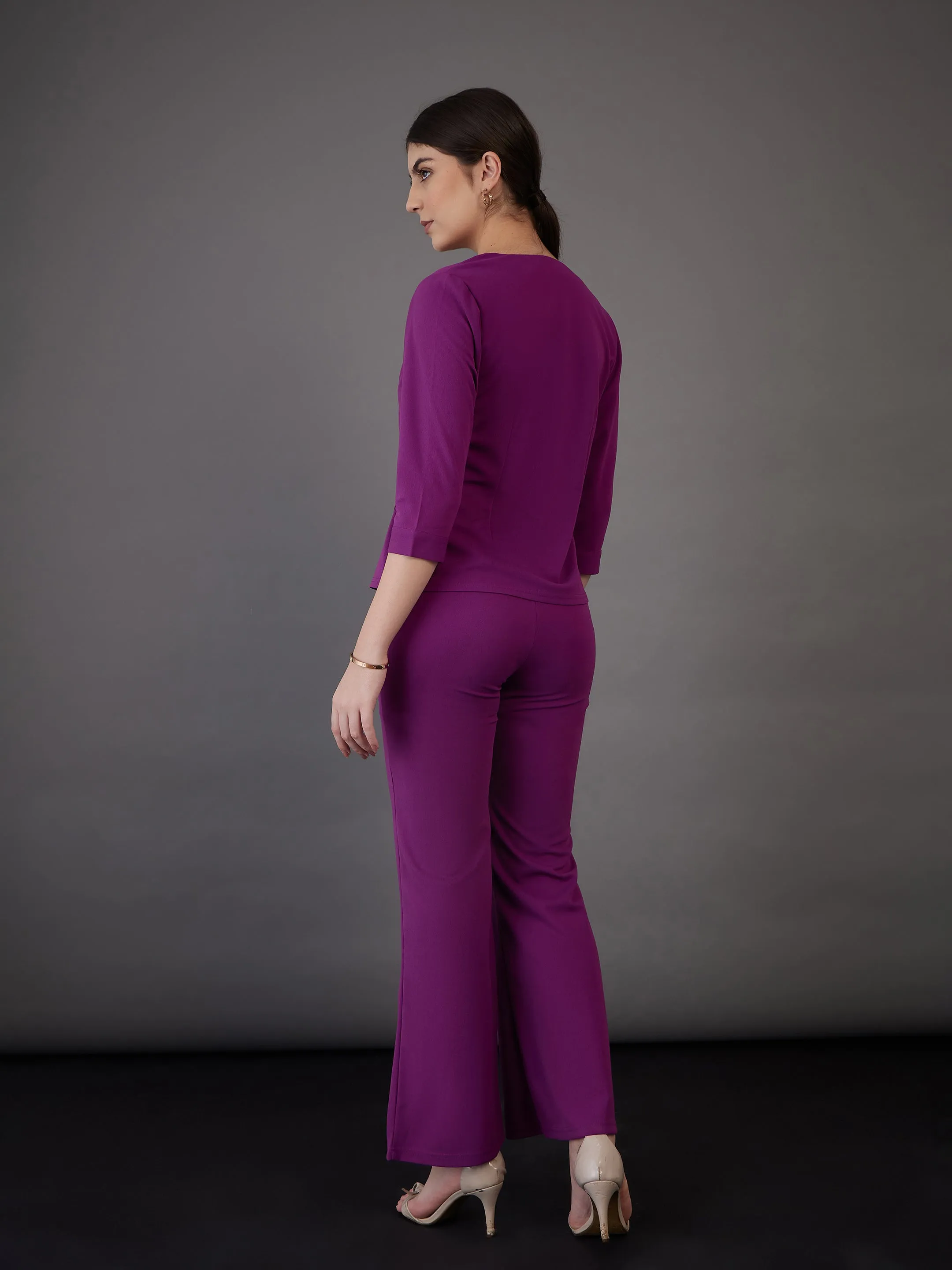 Women Purple Wrap Asymmetric Top With Bell Bottom Pants