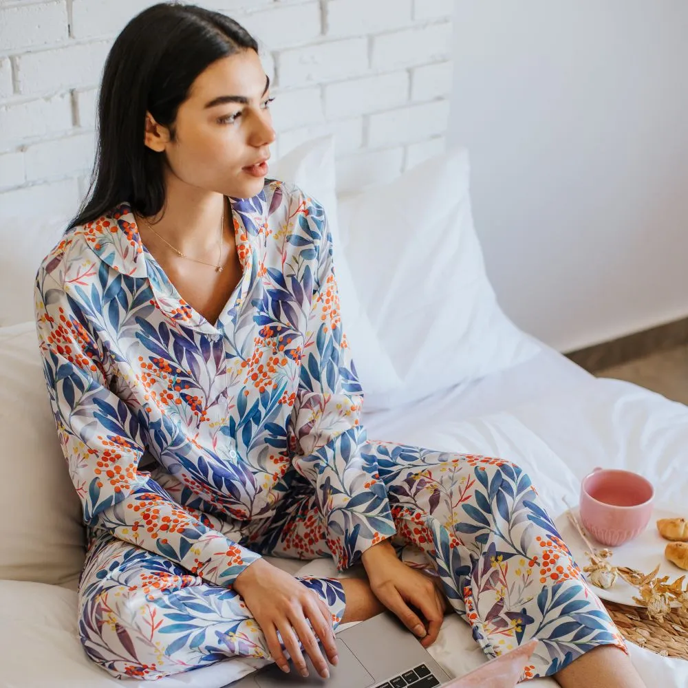 Women Satin summer pajama set Blue x Orange Flower buttoned shirt   Pants