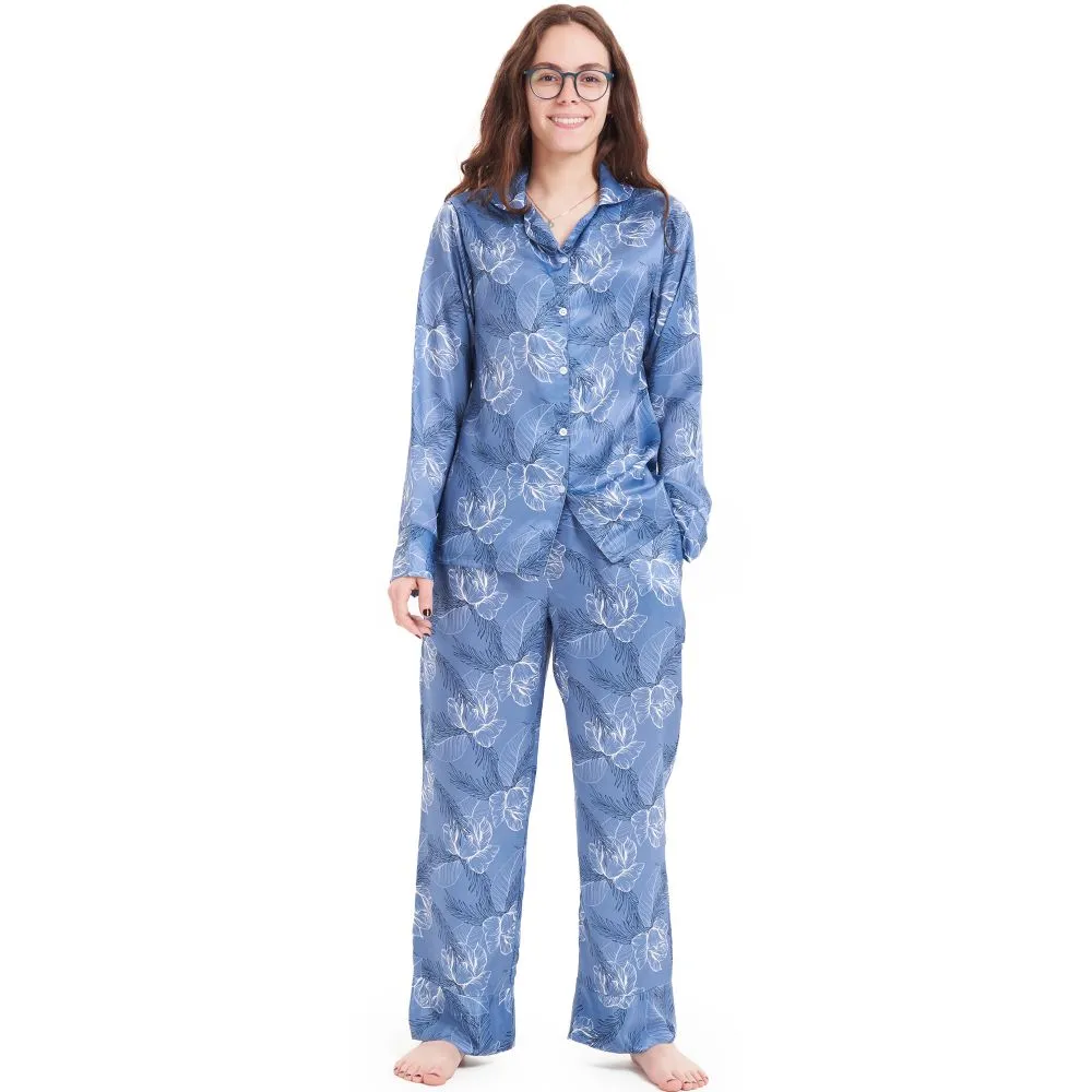 Women Satin summer pajama set Petrol Blue flowered buttoned shirt   Pants