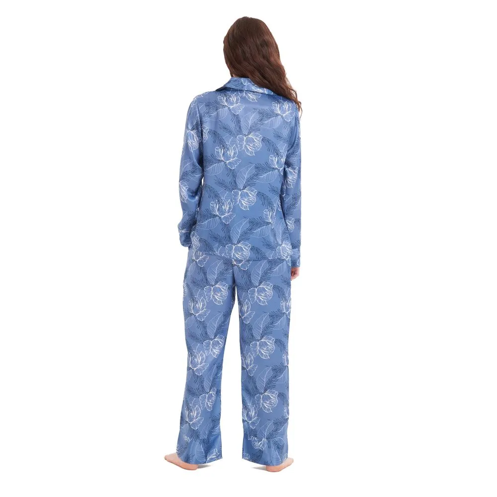 Women Satin summer pajama set Petrol Blue flowered buttoned shirt   Pants