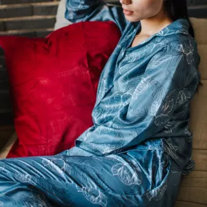 Women Satin summer pajama set Petrol Blue flowered buttoned shirt   Pants