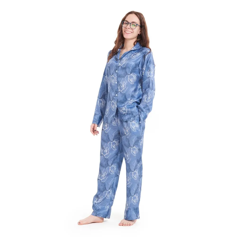 Women Satin summer pajama set Petrol Blue flowered buttoned shirt   Pants