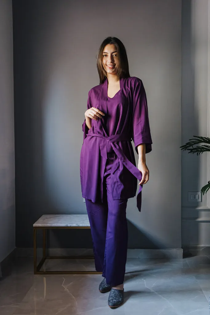 Women summer 3 piece pajama set  Purple Top   Purple kimono & Pants