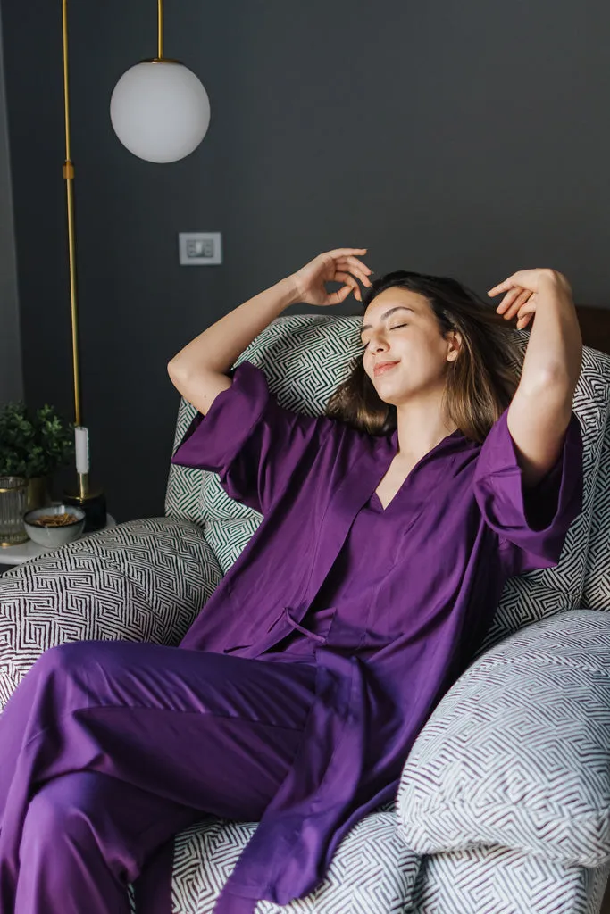 Women summer 3 piece pajama set  Purple Top   Purple kimono & Pants