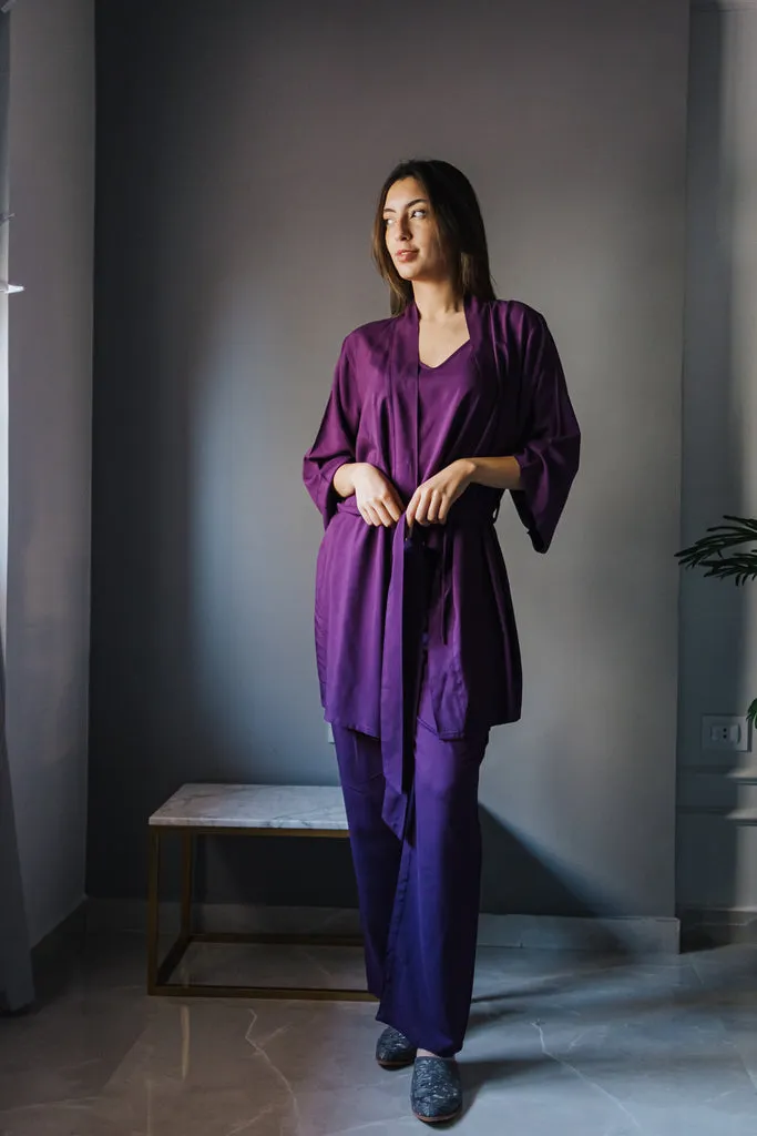 Women summer 3 piece pajama set  Purple Top   Purple kimono & Pants