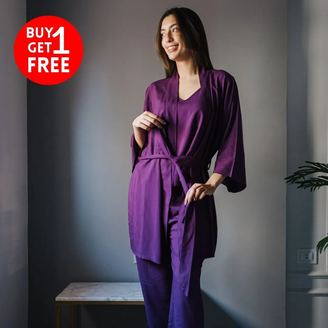 Women summer 3 piece pajama set  Purple Top   Purple kimono & Pants