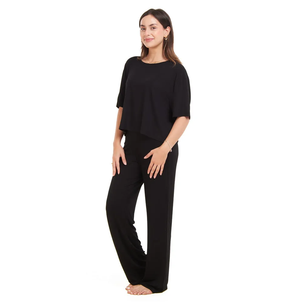 Women summer pajama set Black Cropped top   pants