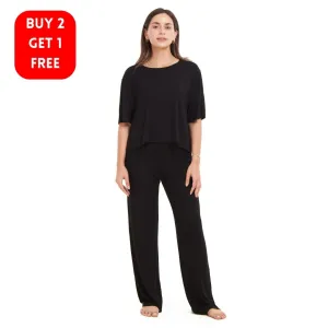 Women summer pajama set Black Cropped top   pants