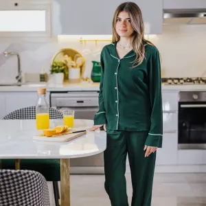 Women summer pajama set Dark green buttoned shirt   Pants