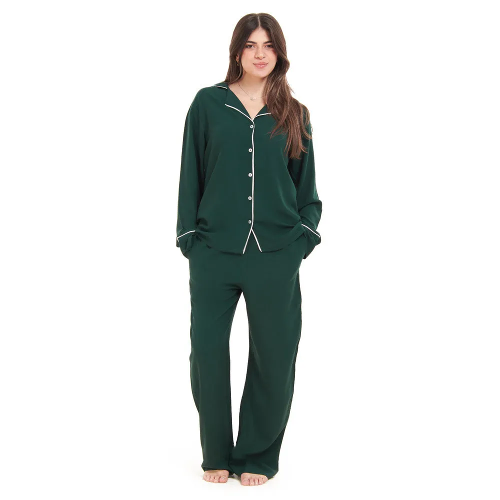 Women summer pajama set Dark green buttoned shirt   Pants