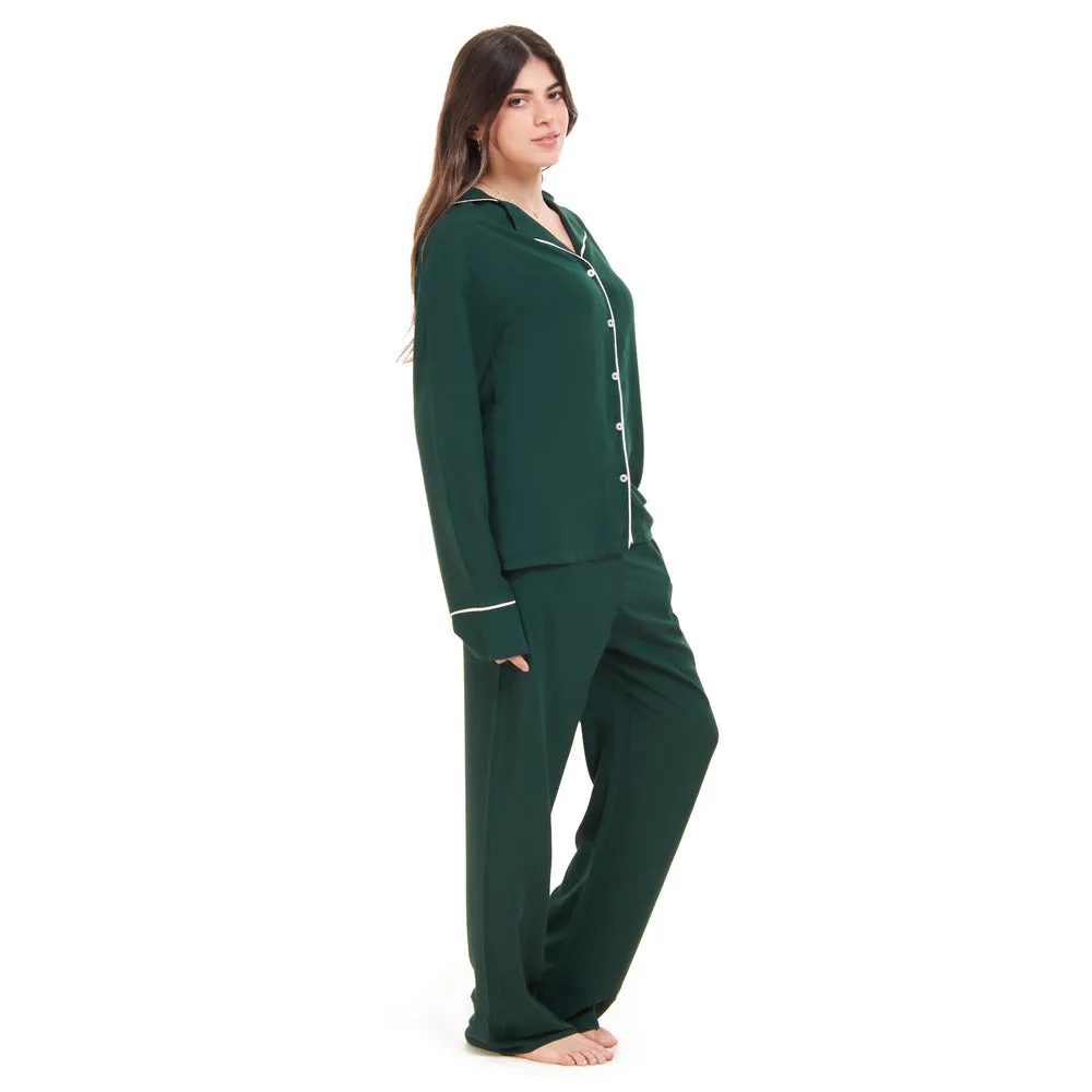 Women summer pajama set Dark green buttoned shirt   Pants