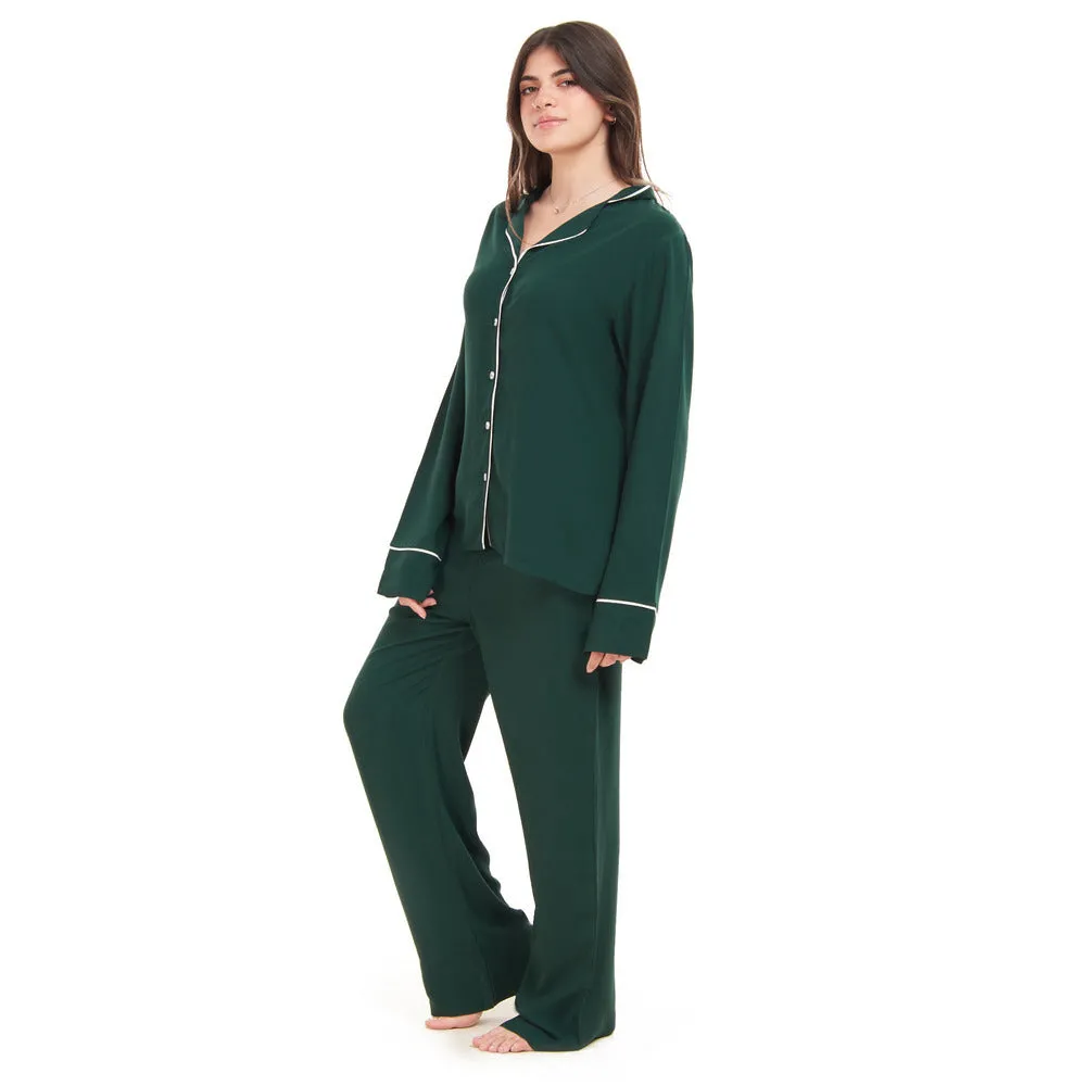 Women summer pajama set Dark green buttoned shirt   Pants