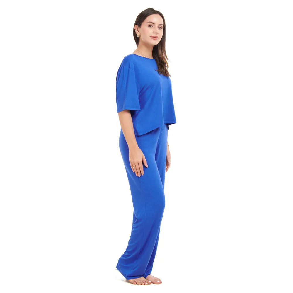 Women summer pajama set Royal Blue Cropped top   pants