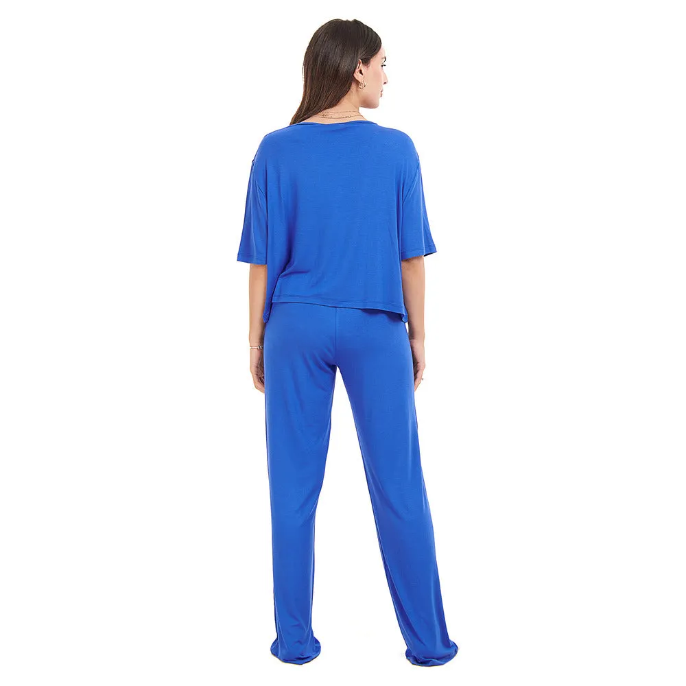 Women summer pajama set Royal Blue Cropped top   pants