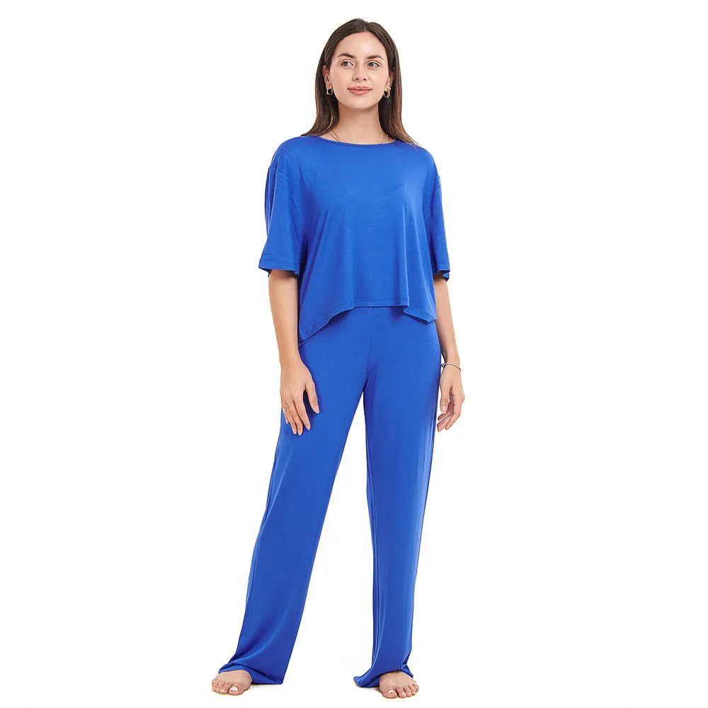 Women summer pajama set Royal Blue Cropped top   pants