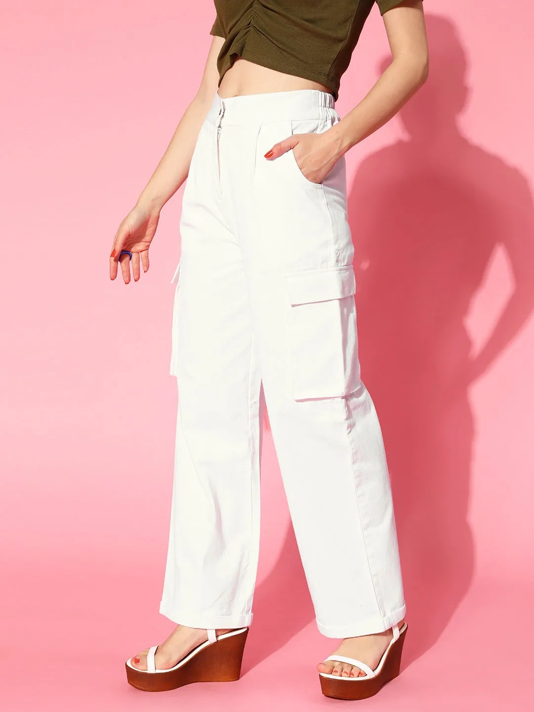 Women White Box Pockets Straight Pants