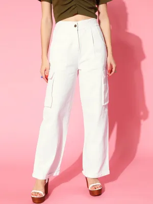 Women White Box Pockets Straight Pants