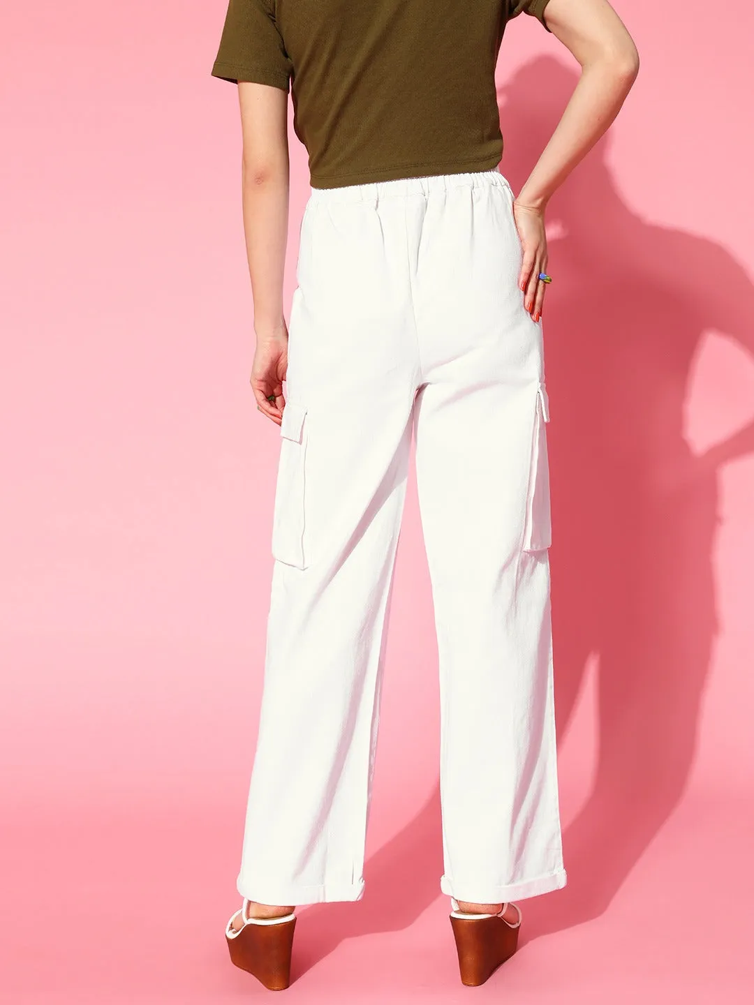 Women White Box Pockets Straight Pants