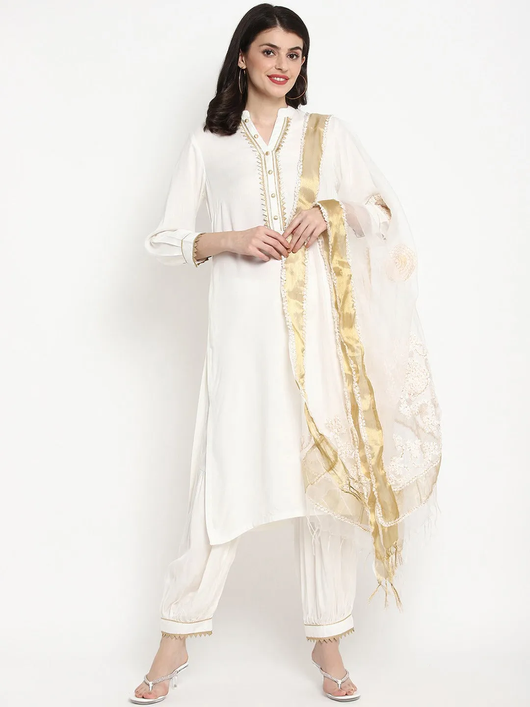 Women White Yoke Design Kurta With Dhoti Pants & Dupatta