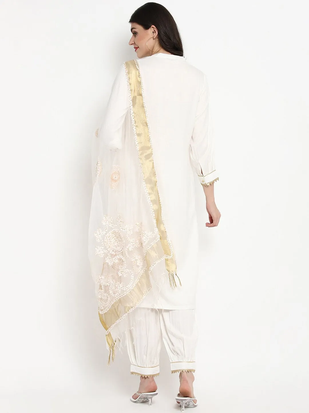 Women White Yoke Design Kurta With Dhoti Pants & Dupatta