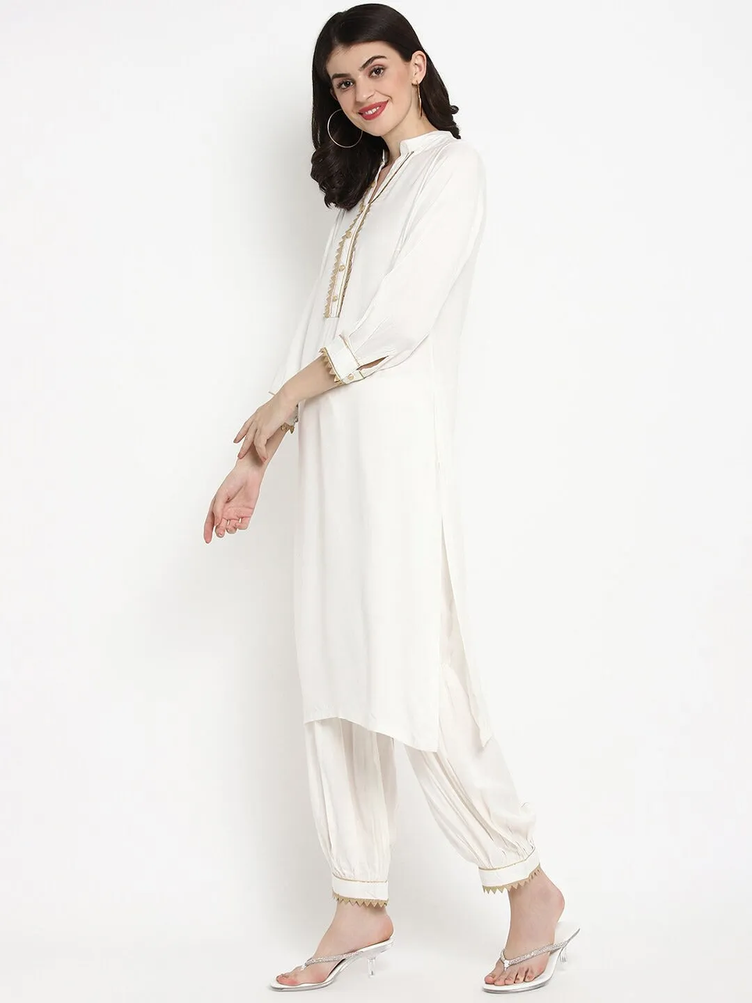 Women White Yoke Design Kurta With Dhoti Pants & Dupatta