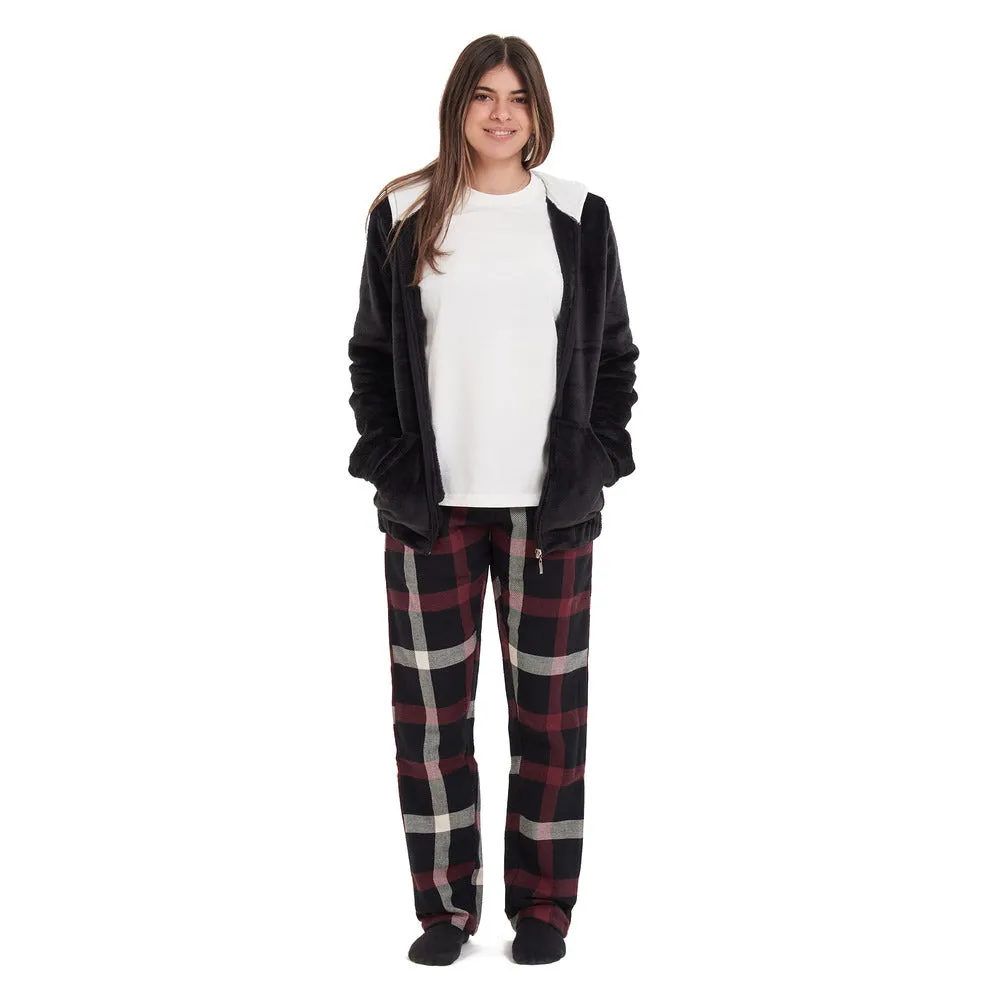 Women Winter Pajama 3 PCS Set Black Sweatshirt  Off-white top  Black x Red Checkered Pants