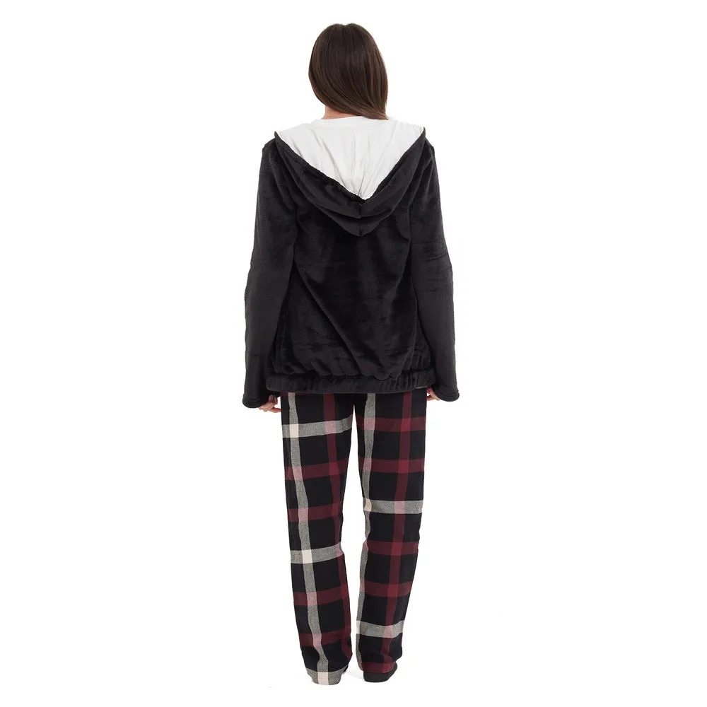 Women Winter Pajama 3 PCS Set Black Sweatshirt  Off-white top  Black x Red Checkered Pants