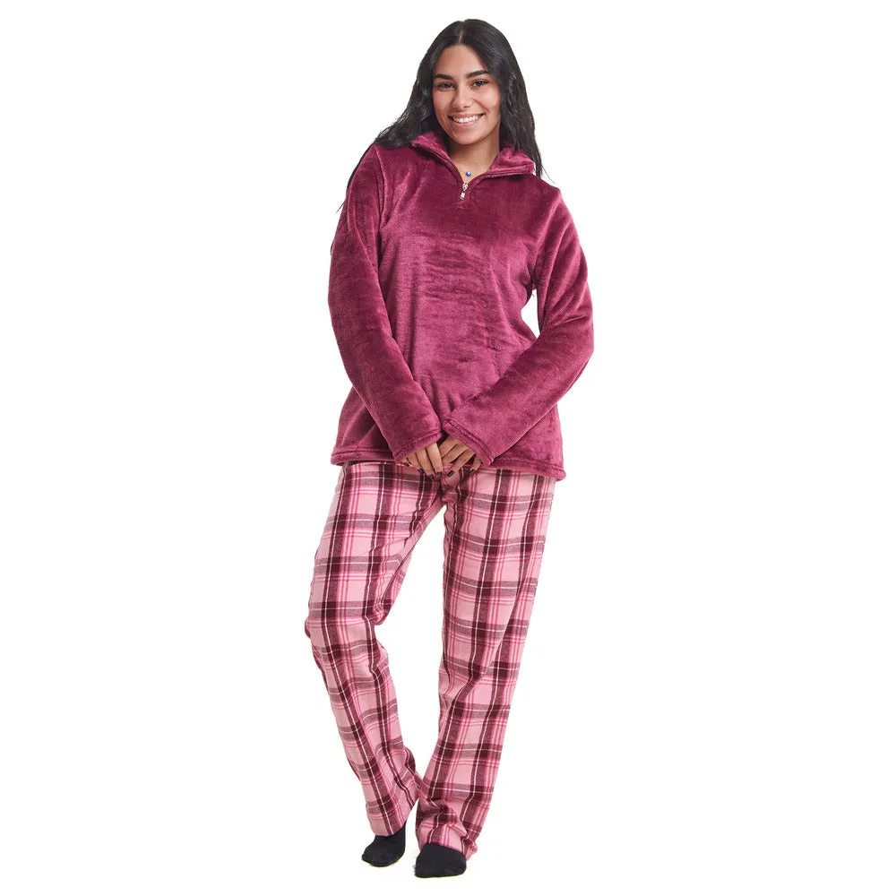 Women Winter Pajama Set Dark Fuchsia Sweatshirt   Maroon x Pink Checkered Pants