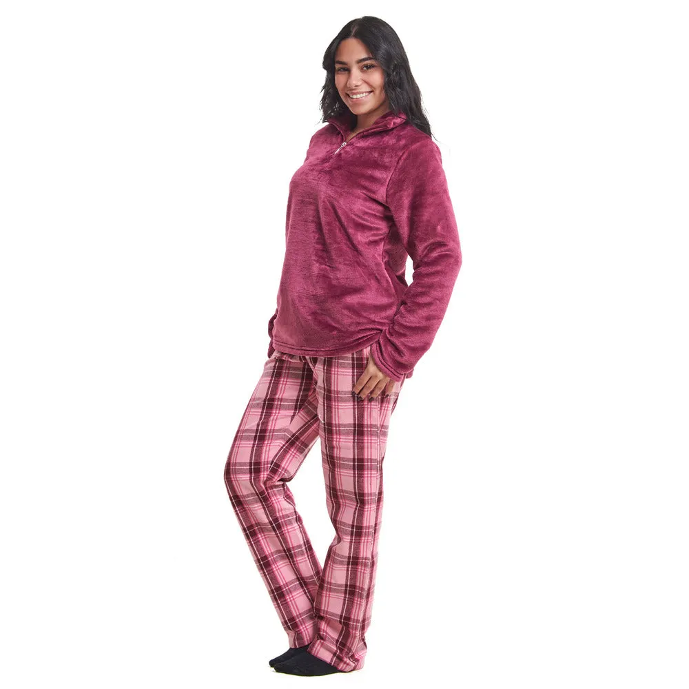 Women Winter Pajama Set Dark Fuchsia Sweatshirt   Maroon x Pink Checkered Pants