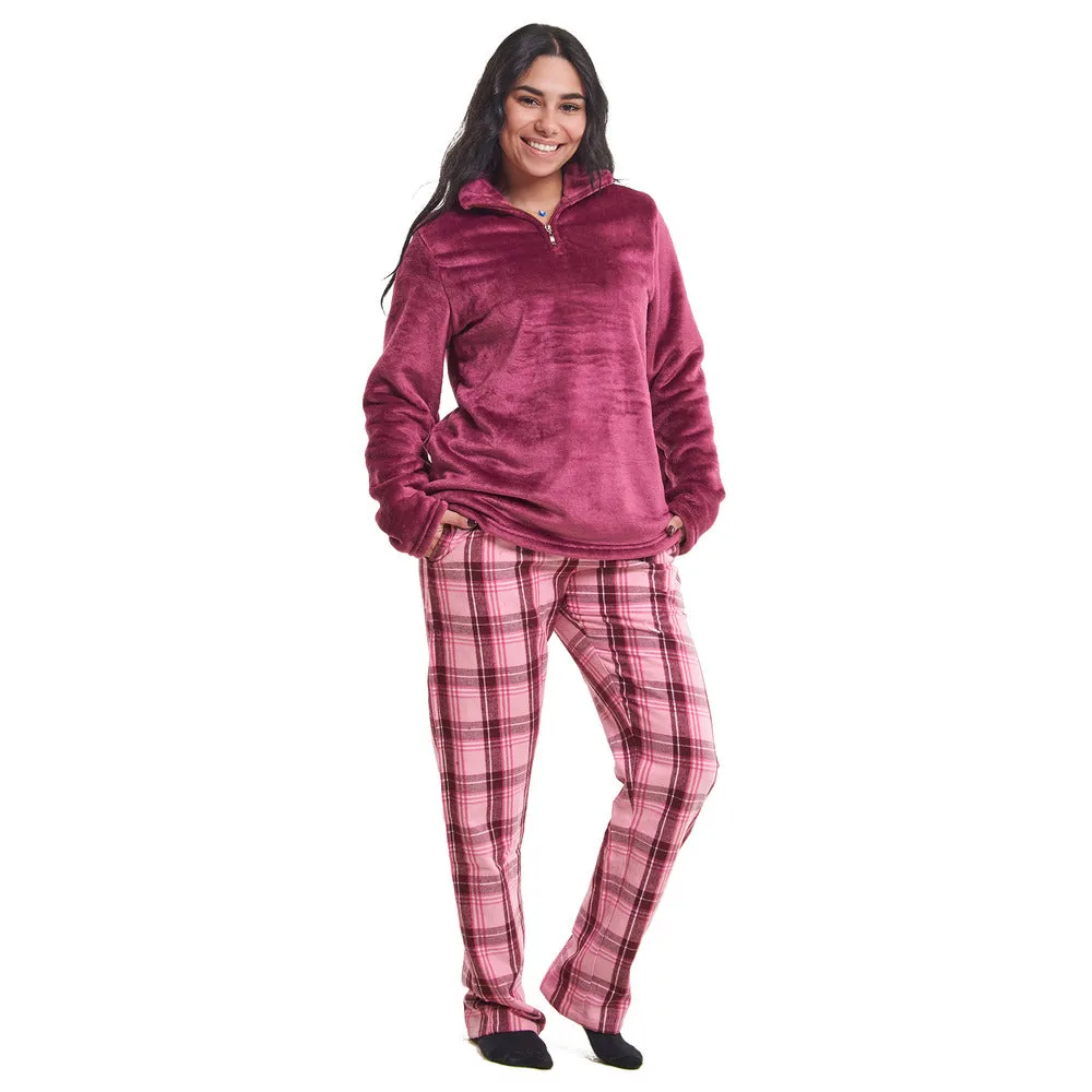 Women Winter Pajama Set Dark Fuchsia Sweatshirt   Maroon x Pink Checkered Pants