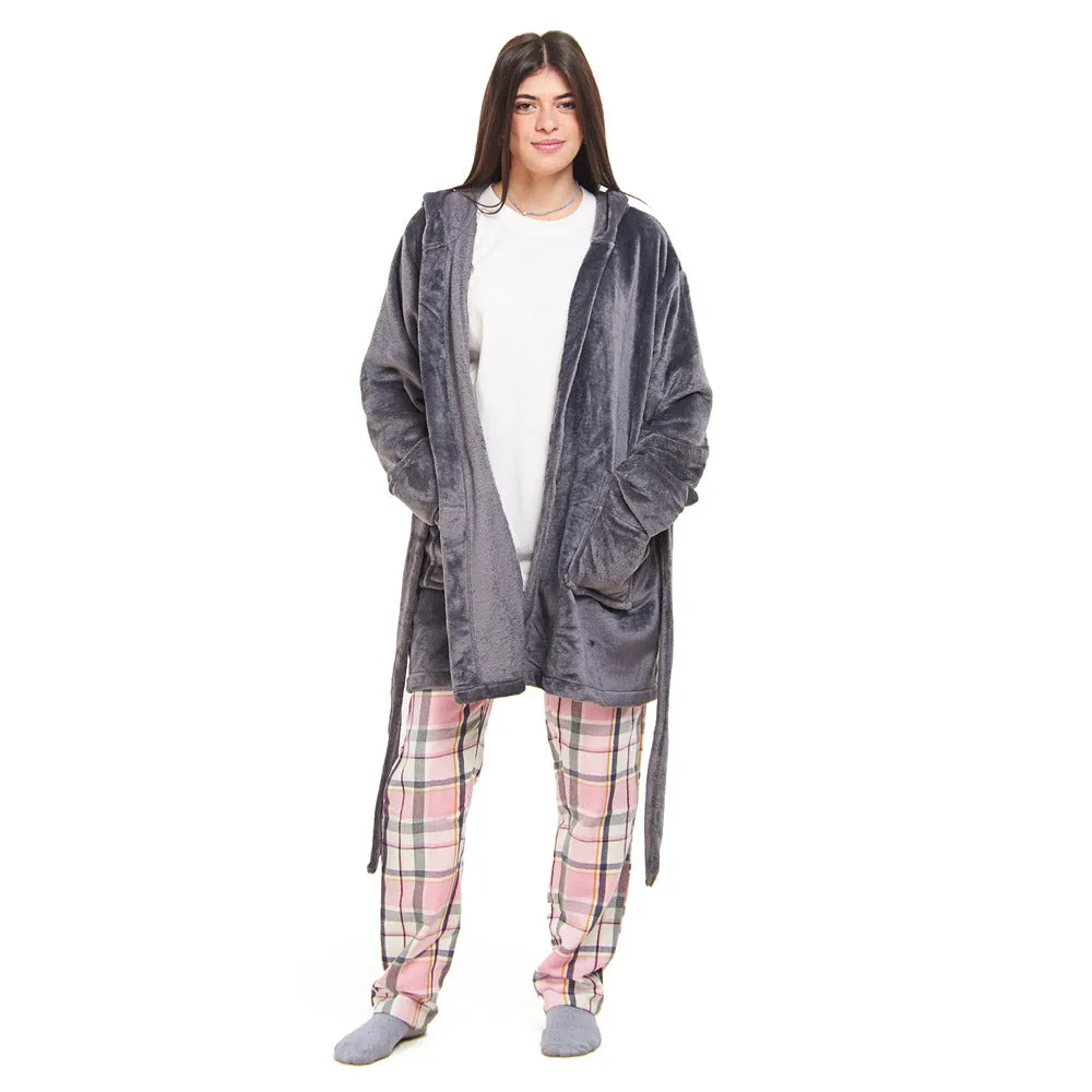 Women Winter Pajama Set Dark Grey Robe   Pink x Dark Grey Checkered Pants