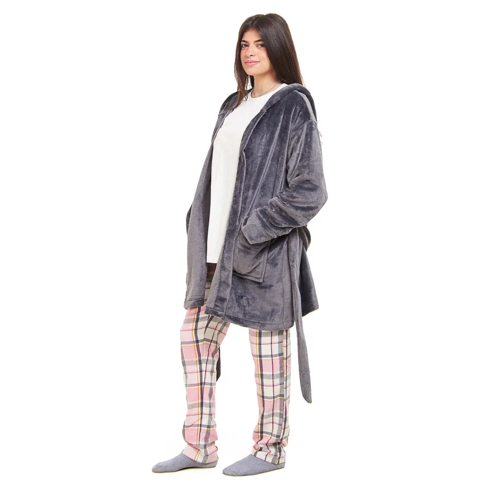 Women Winter Pajama Set Dark Grey Robe   Pink x Dark Grey Checkered Pants