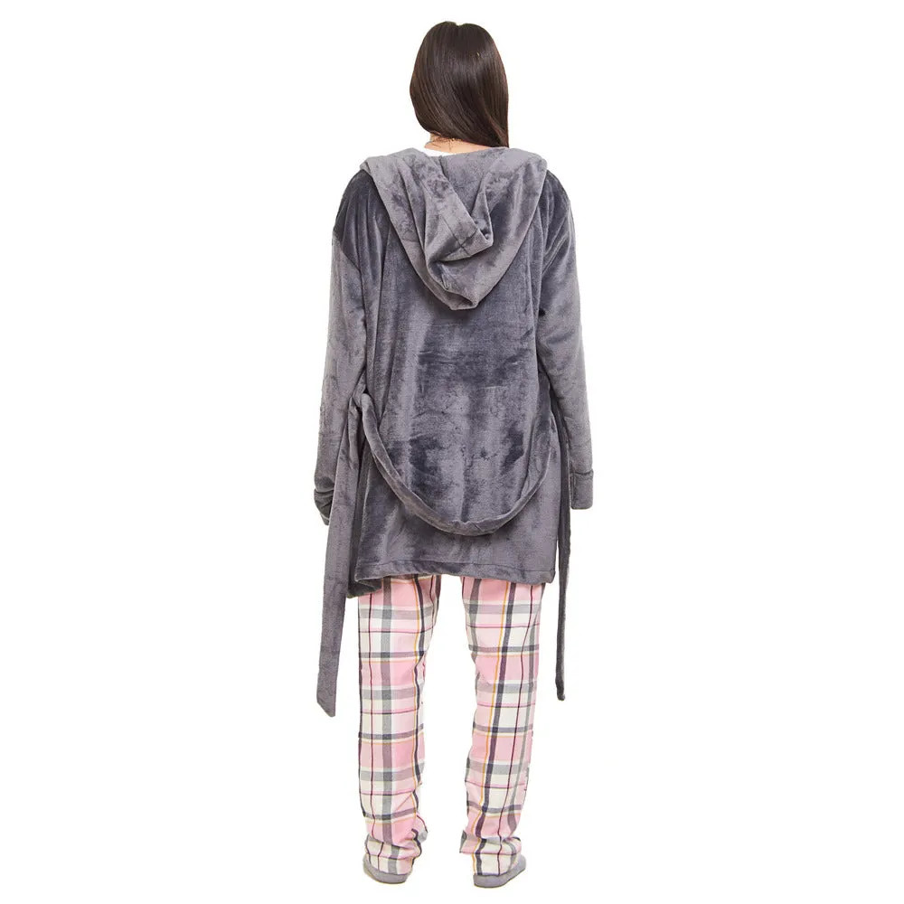 Women Winter Pajama Set Dark Grey Robe   Pink x Dark Grey Checkered Pants