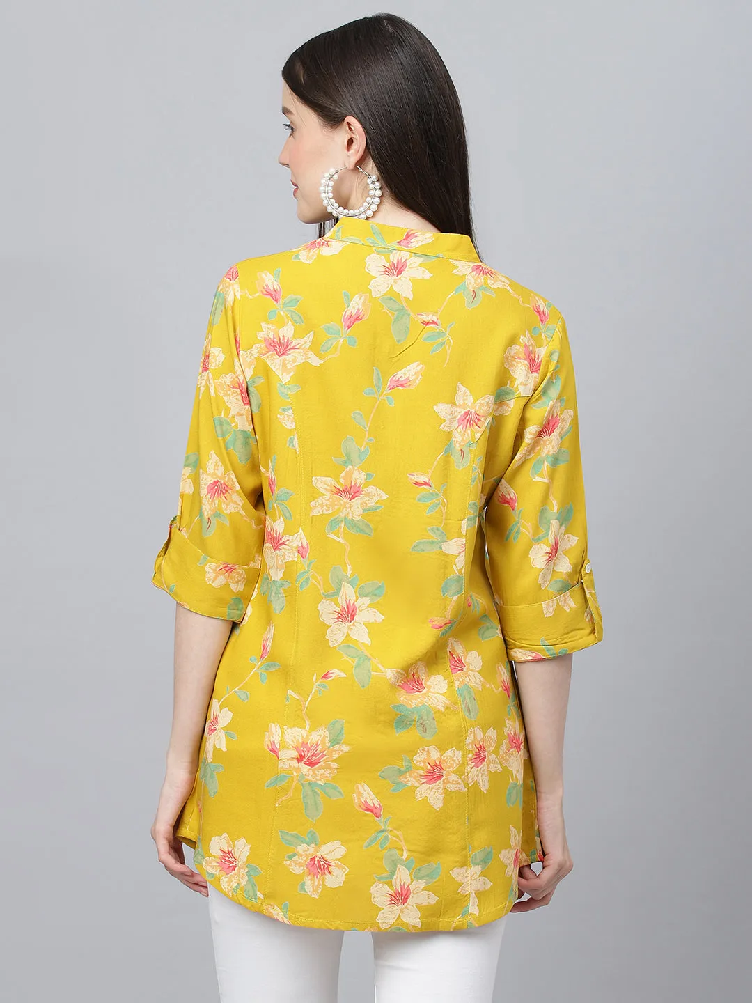 Women Yellow Floral Printed Rayon A-Line Shirts Style Top