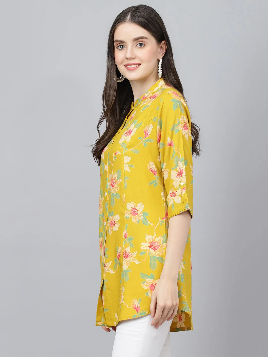 Women Yellow Floral Printed Rayon A-Line Shirts Style Top