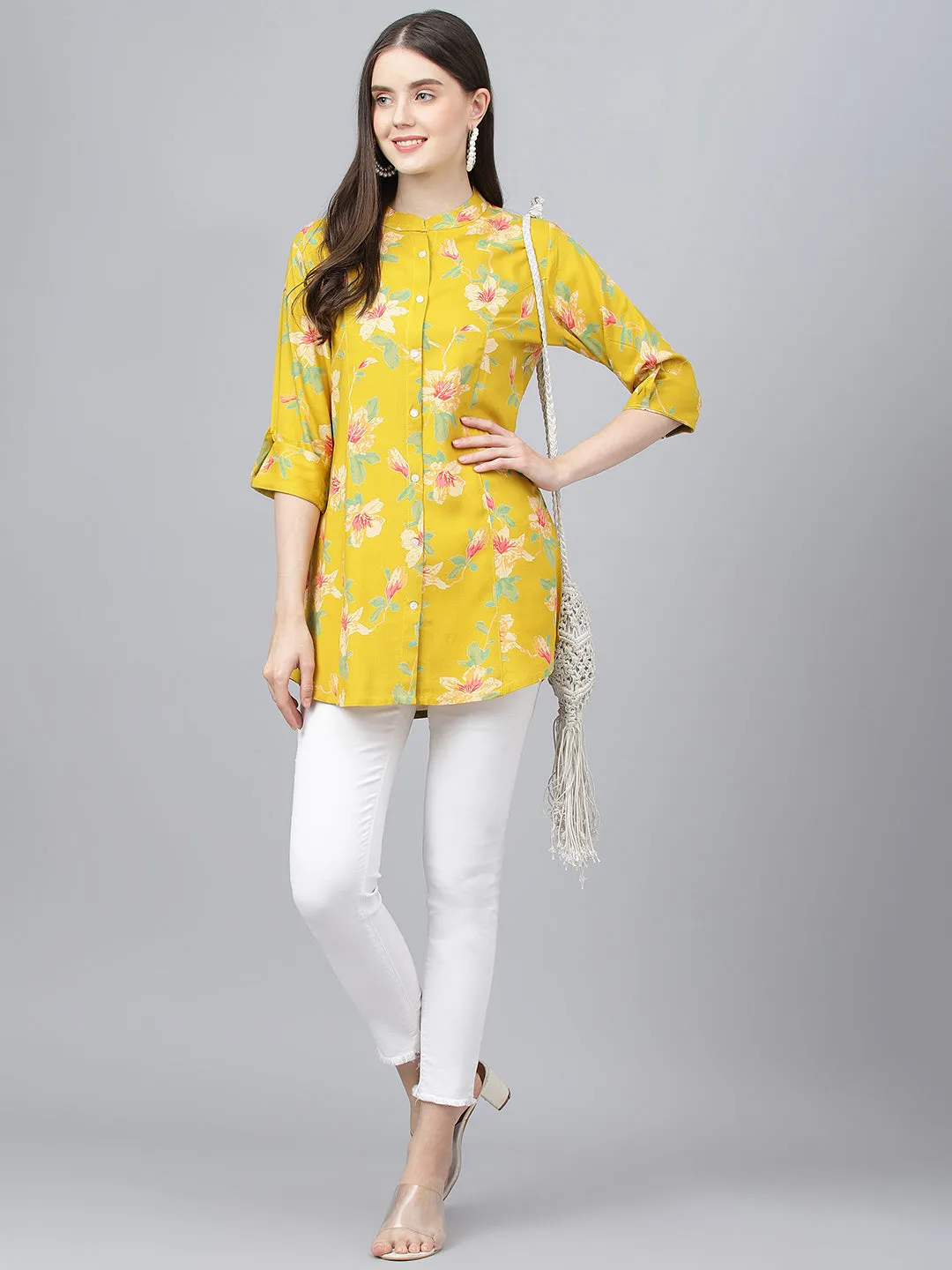 Women Yellow Floral Printed Rayon A-Line Shirts Style Top